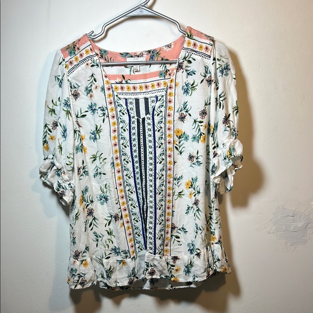 Floral Print Lucky Brand Border-Print V-Neck Ruffle Top Large
